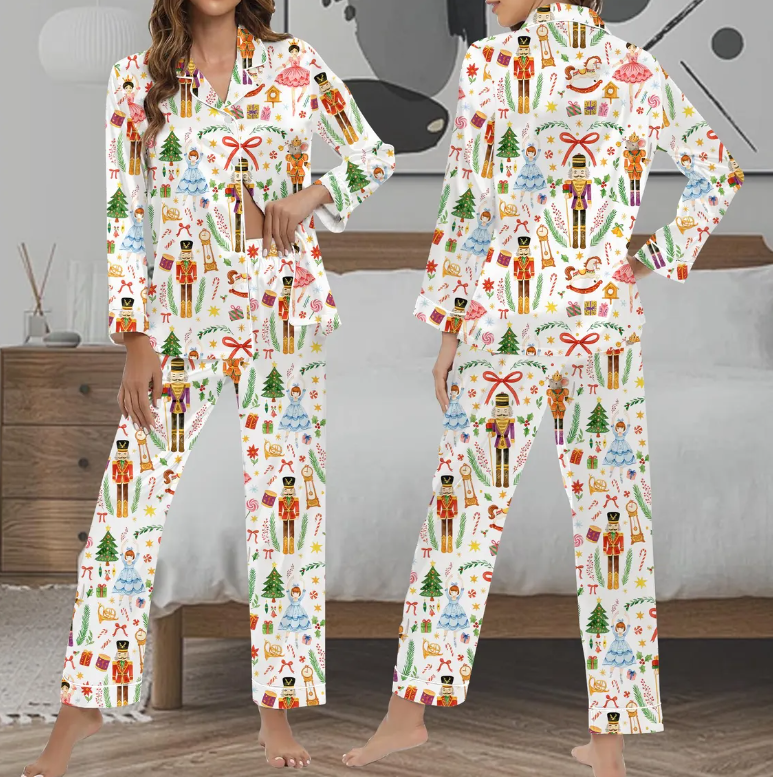 Vintage Christmas Nutcracker Ballet Holiday Party Satin Pajama Set, Xmas Santa Nutcracker Ballet Sleepwear, Gift women mother party pajama