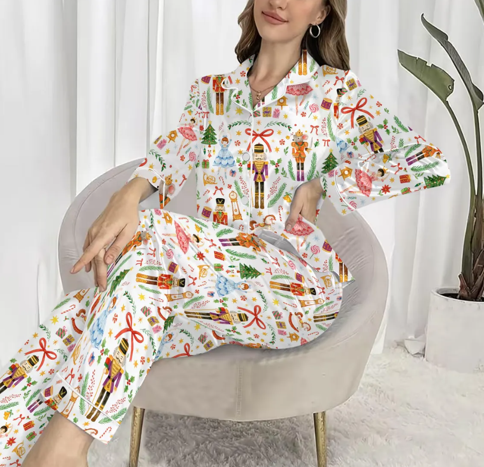 Vintage Christmas Nutcracker Ballet Holiday Party Satin Pajama Set, Xmas Santa Nutcracker Ballet Sleepwear, Gift women mother party pajama