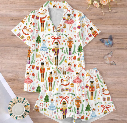 Vintage Christmas Nutcracker Ballet Holiday Party Satin Pajama Set, Xmas Santa Nutcracker Ballet Sleepwear, Gift women mother party pajama