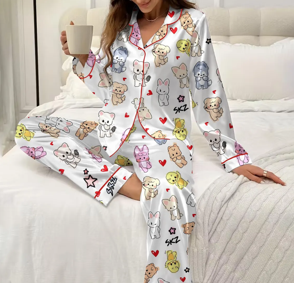 Kawaii SKZoo Satin Pajama Set, Stray Kids Kpop Sleepwear PSN1362