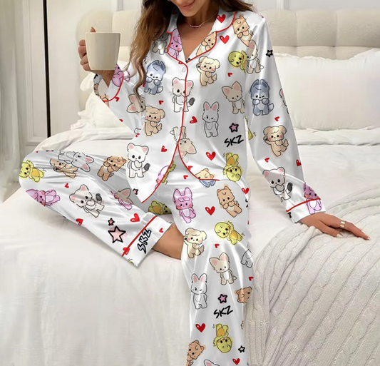 Kawaii SKZoo Satin Pajama Set, Stray Kids Kpop Sleepwear PSN1362