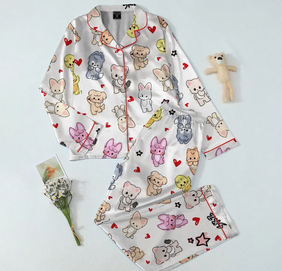 Kawaii SKZoo Satin Pajama Set, Stray Kids Kpop Sleepwear PSN1362