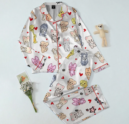 Kawaii SKZoo Satin Pajama Set, Stray Kids Kpop Sleepwear PSN1362