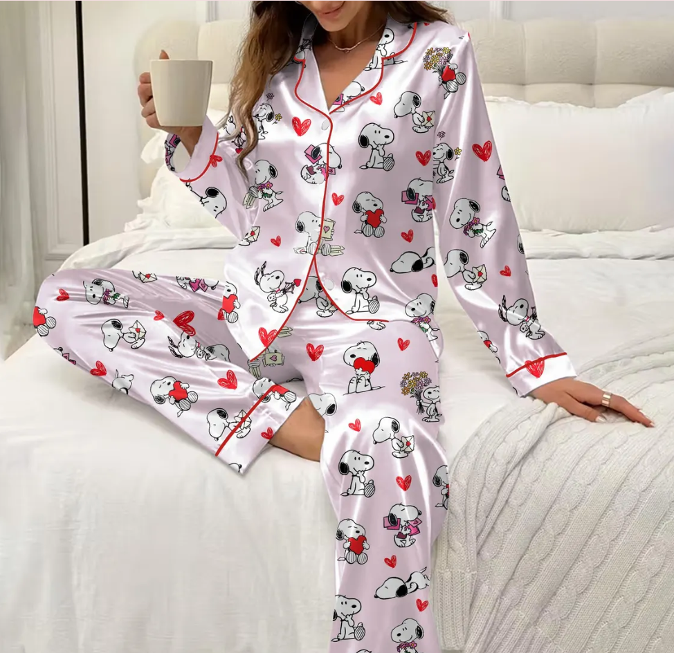 Valentine Dog Pajama Set for Women, Cute Cartoon Puppy Love Print, Cozy Romantic Sleepwear, Valentine Gift PJs