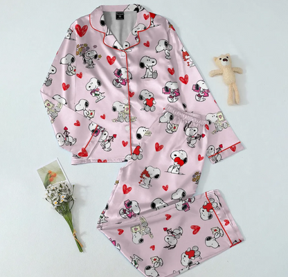 Valentine Dog Pajama Set for Women, Cute Cartoon Puppy Love Print, Cozy Romantic Sleepwear, Valentine Gift PJs