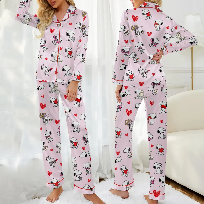 Valentine Dog Pajama Set for Women, Cute Cartoon Puppy Love Print, Cozy Romantic Sleepwear, Valentine Gift PJs