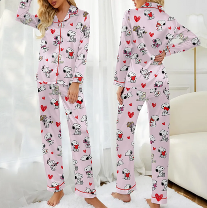 Valentine Dog Pajama Set for Women, Cute Cartoon Puppy Love Print, Cozy Romantic Sleepwear, Valentine Gift PJs
