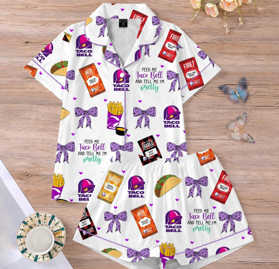 Taco Bell Short Satin Pajamas, Fast Food Sleepwear Set for Women, Silky Lounge Outfit, Food Pajama Shorts, Taco Bell Fan Gifts