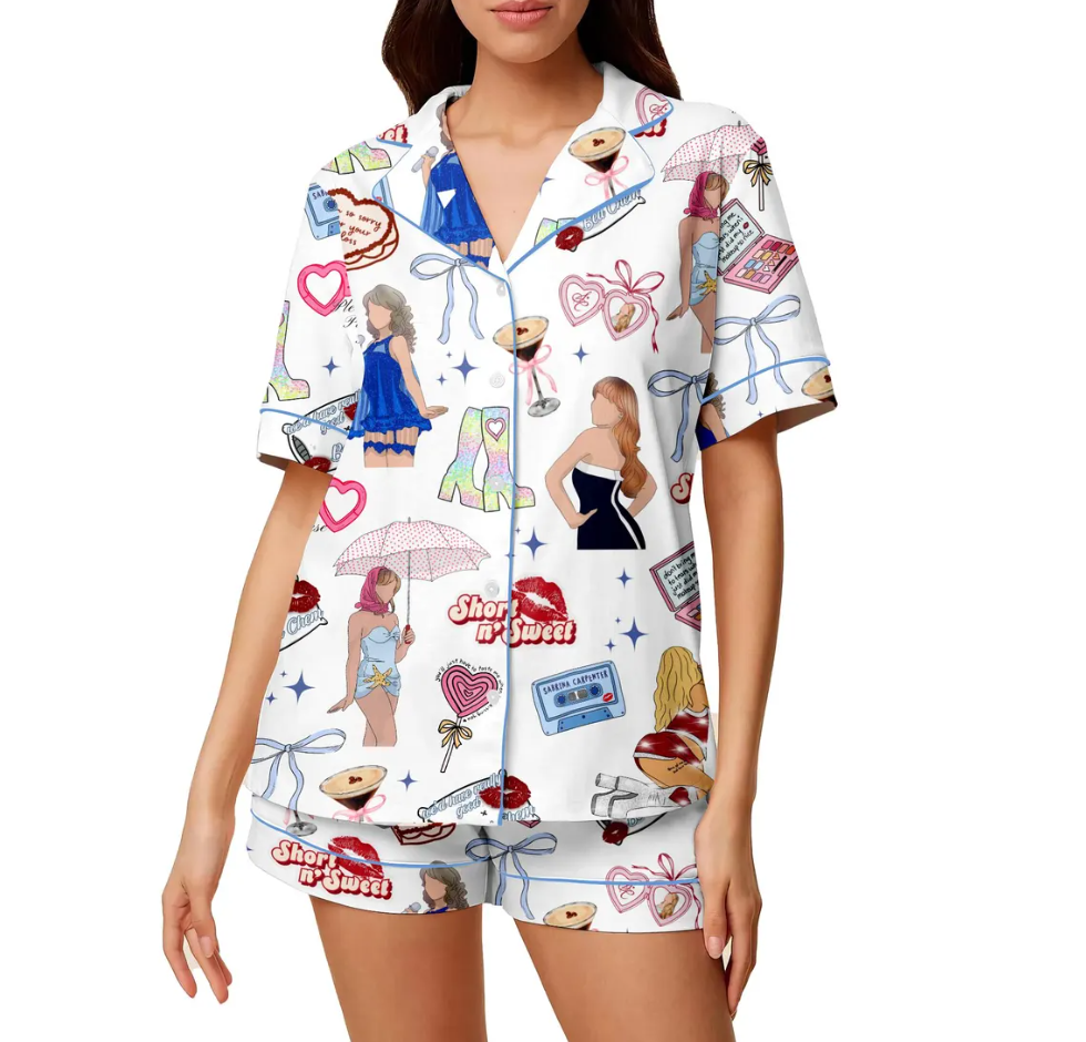 Short n’ Sweet Silk Pajamas for Women, Cute Kiss PJs, Funny Quote Sleepwear, Sassy Sabrina Carpenter Pajamas, Fun Cozy PJs Gift for Her