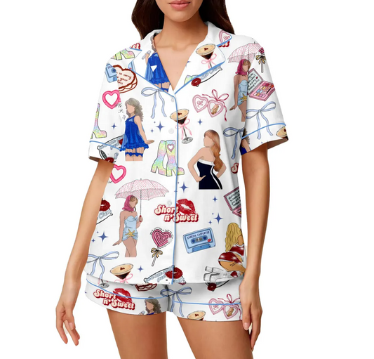 Short n’ Sweet Silk Pajamas for Women, Cute Kiss PJs, Funny Quote Sleepwear, Sassy Sabrina Carpenter Pajamas, Fun Cozy PJs Gift for Her