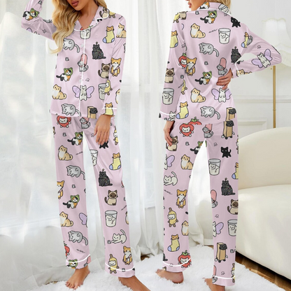 Kawaii Cat Couple Pajamas Set, Cute Love Cat Sleepwear for Women, Matching Family Cat PJs, Cozy Romantic Loungewear