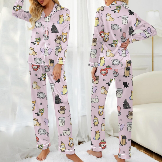 Kawaii Cat Couple Pajamas Set, Cute Love Cat Sleepwear for Women, Matching Family Cat PJs, Cozy Romantic Loungewear