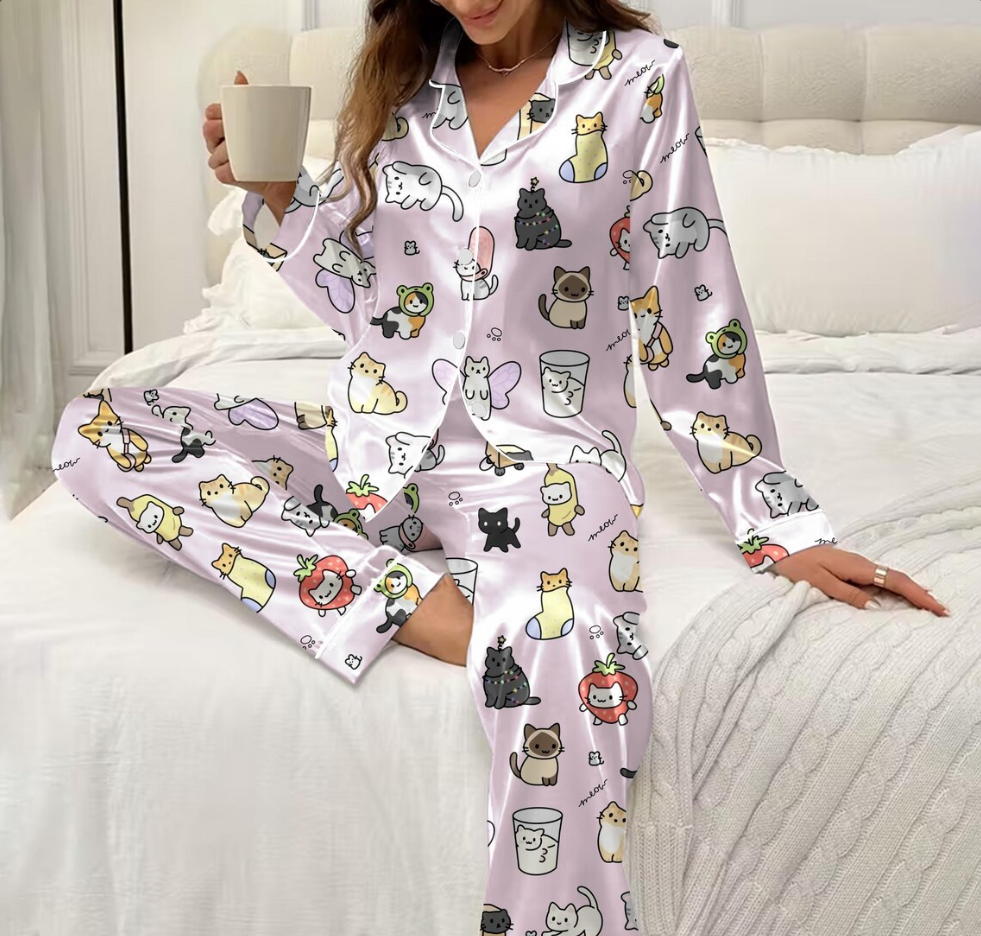 Kawaii Cat Couple Pajamas Set, Cute Love Cat Sleepwear for Women, Matching Family Cat PJs, Cozy Romantic Loungewear