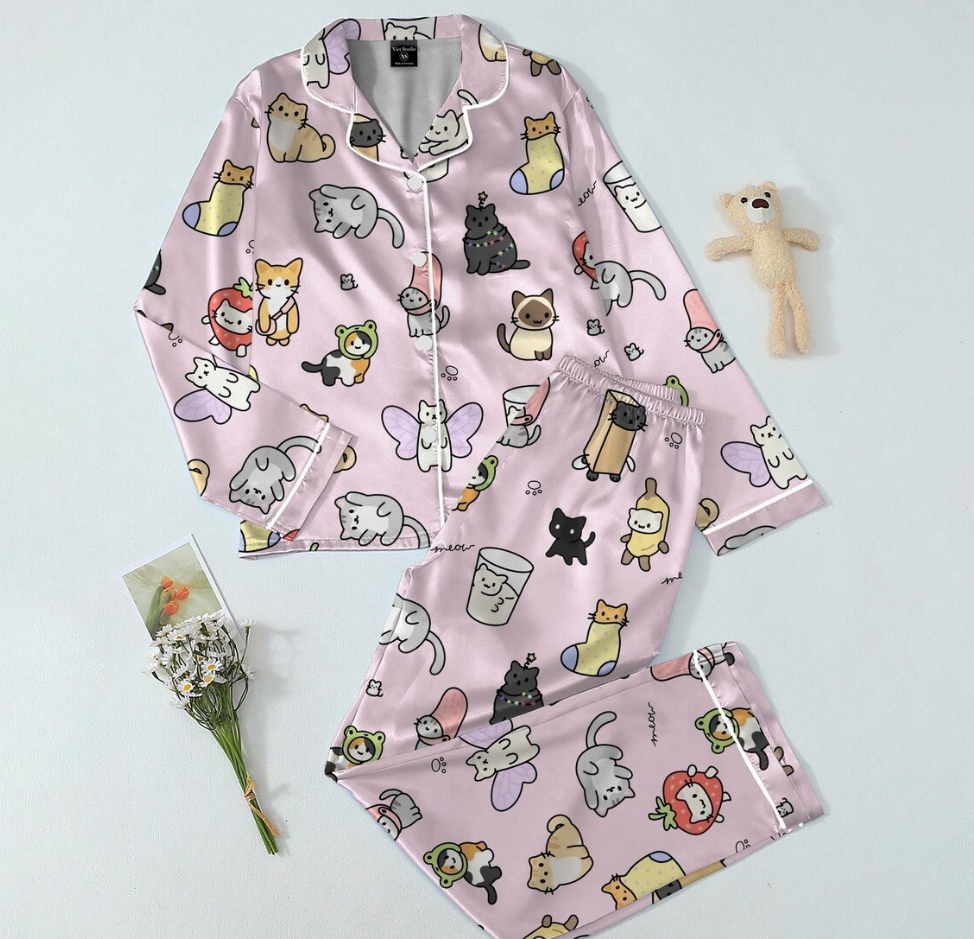 Kawaii Cat Couple Pajamas Set, Cute Love Cat Sleepwear for Women, Matching Family Cat PJs, Cozy Romantic Loungewear