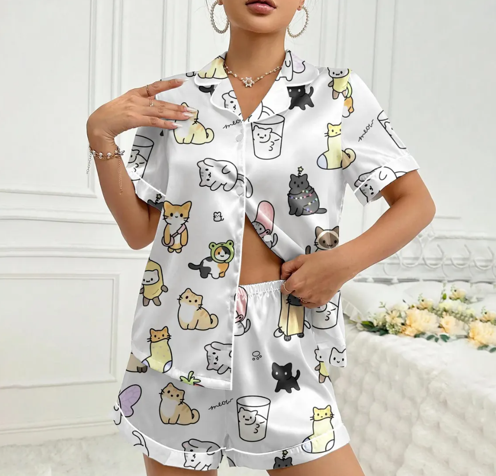 Cute Cat Love Pajama Set for Women, Kawaii Couple Cats Print Sleepwear, Romantic Matching Cat PJs, Valentine Gift for Her
