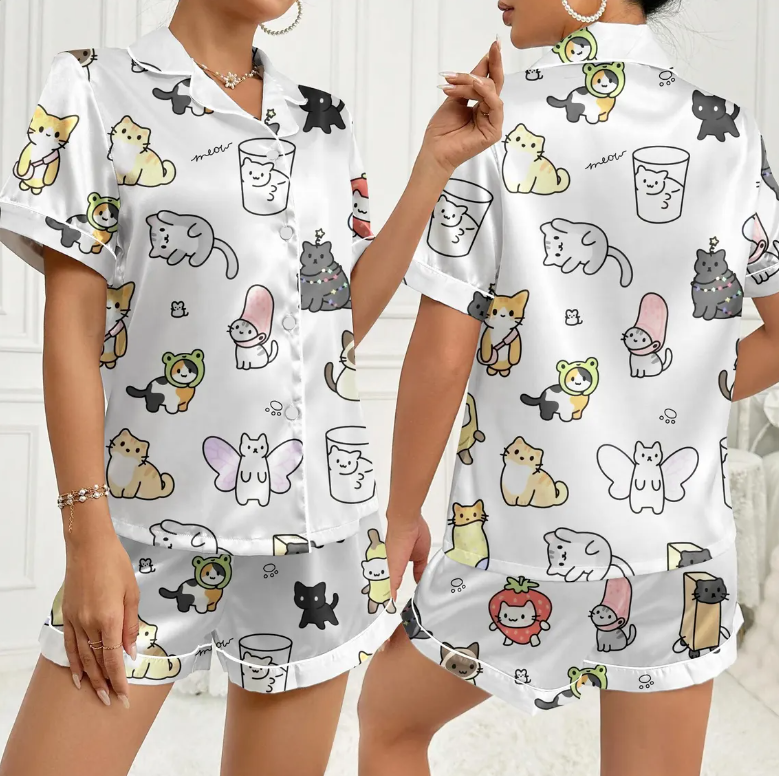 Cute Cat Love Pajama Set for Women, Kawaii Couple Cats Print Sleepwear, Romantic Matching Cat PJs, Valentine Gift for Her