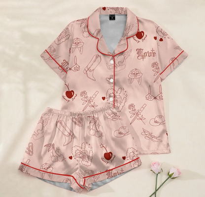 Cupid Angel Satin Pajamas for Women, Valentine Heart Print Sleepwear, Cute Romantic Short Pajama Set