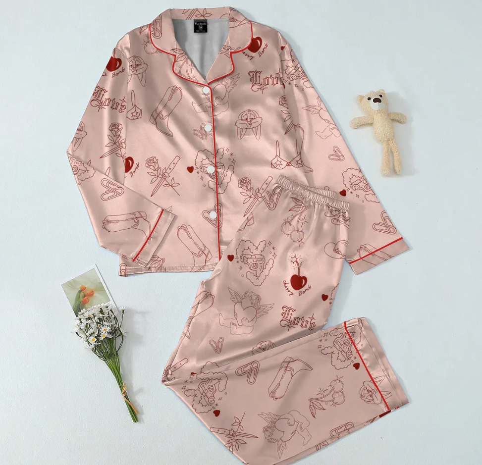 Cupid Angel Satin Pajamas for Women, Valentine Heart Print Sleepwear, Cute Romantic Short Pajama Set