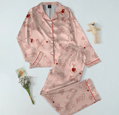 Cupid Angel Satin Pajamas for Women, Valentine Heart Print Sleepwear, Cute Romantic Short Pajama Set