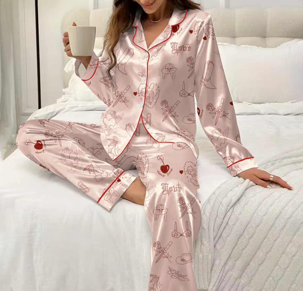 Cupid Angel Satin Pajamas for Women, Valentine Heart Print Sleepwear, Cute Romantic Short Pajama Set