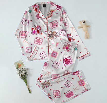 Coquette Valentine Pajama Set – Be Mine Cupid & Teddy Bear Print Satin Sleepwear, Cute Girly Pink Loungewear, Trendy V-Day Gift for Her