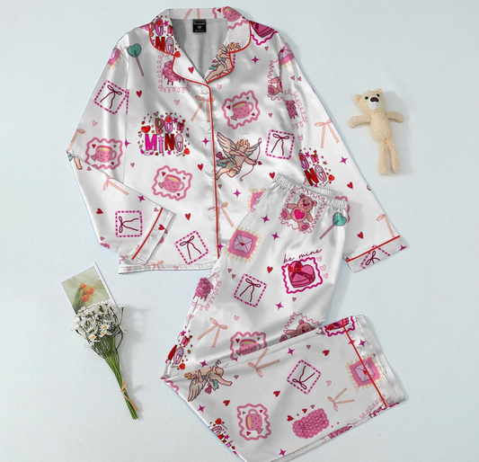 Coquette Valentine Pajama Set – Be Mine Cupid & Teddy Bear Print Satin Sleepwear, Cute Girly Pink Loungewear, Trendy V-Day Gift for Her