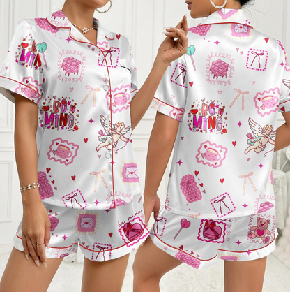 Coquette Valentine Pajama Set – Be Mine Cupid & Teddy Bear Print Satin Sleepwear, Cute Girly Pink Loungewear, Trendy V-Day Gift for Her