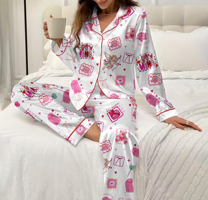 Coquette Valentine Pajama Set – Be Mine Cupid & Teddy Bear Print Satin Sleepwear, Cute Girly Pink Loungewear, Trendy V-Day Gift for Her