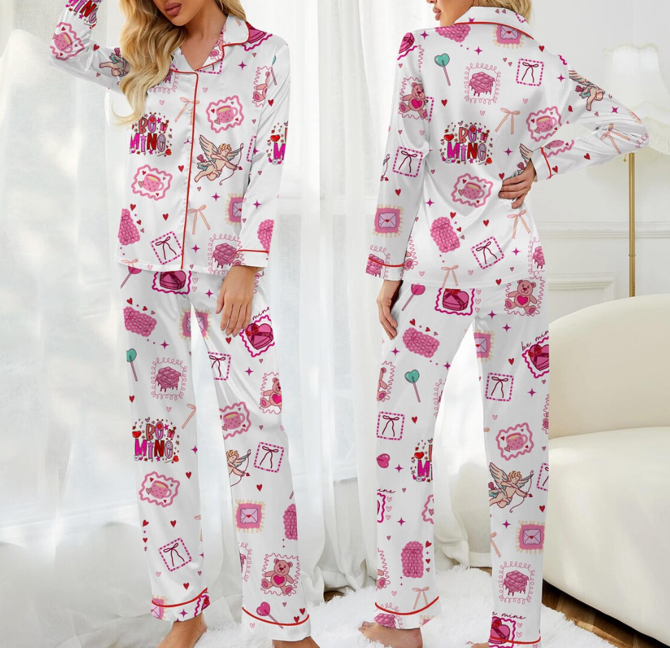 Coquette Valentine Pajama Set – Be Mine Cupid & Teddy Bear Print Satin Sleepwear, Cute Girly Pink Loungewear, Trendy V-Day Gift for Her