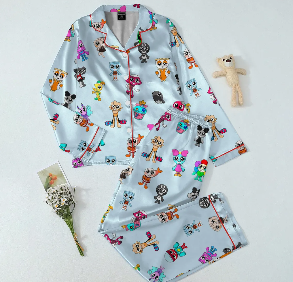 Roblox Dandy’s World Satin Pajama Set, Cute Cartoon Gamer Sleepwear, Gaming PJs Fan Gift for Kids and Adults
