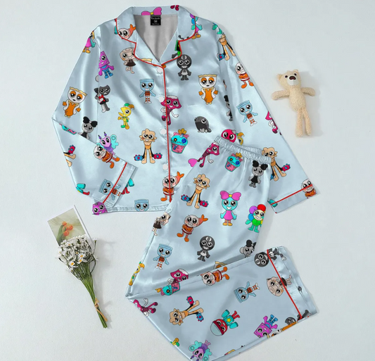 Roblox Dandy’s World Satin Pajama Set, Cute Cartoon Gamer Sleepwear, Gaming PJs Fan Gift for Kids and Adults