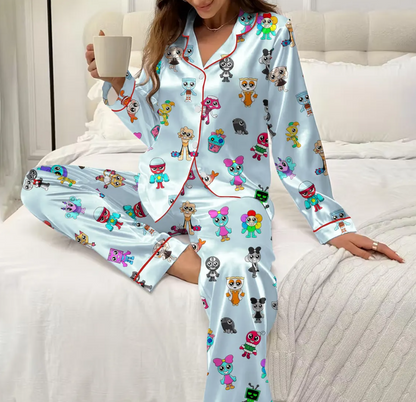Roblox Dandy’s World Satin Pajama Set, Cute Cartoon Gamer Sleepwear, Gaming PJs Fan Gift for Kids and Adults