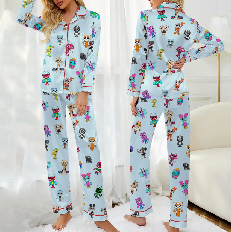 Roblox Dandy’s World Satin Pajama Set, Cute Cartoon Gamer Sleepwear, Gaming PJs Fan Gift for Kids and Adults