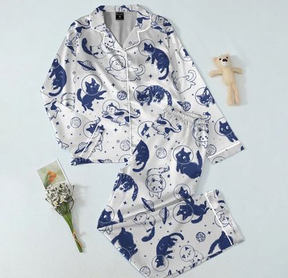 Cats in Space Satin Pajama Set for Women, Funny Retro Cat Graphic, Aesthetic Oversized Sleepwear PJs