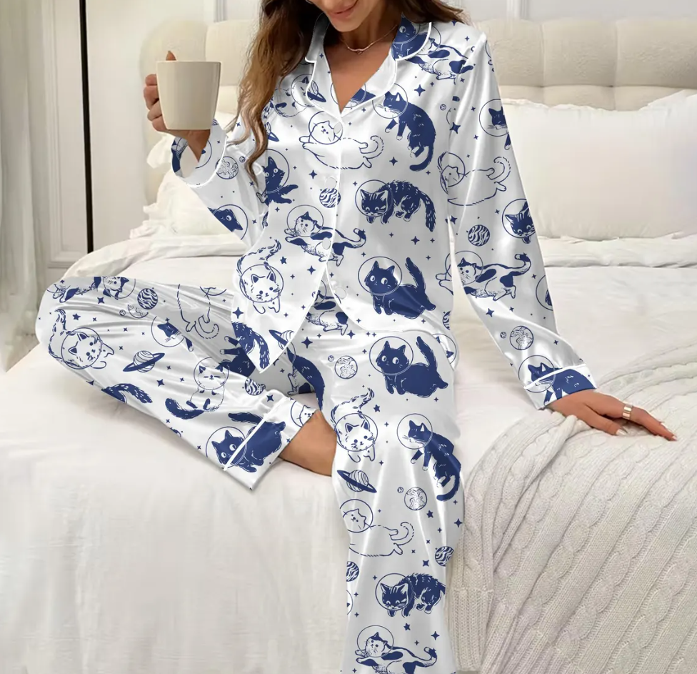 Cats in Space Satin Pajama Set for Women, Funny Retro Cat Graphic, Aesthetic Oversized Sleepwear PJs