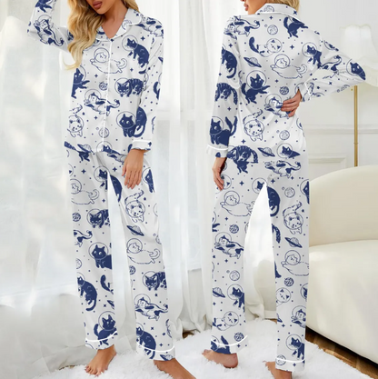 Cats in Space Satin Pajama Set for Women, Funny Retro Cat Graphic, Aesthetic Oversized Sleepwear PJs