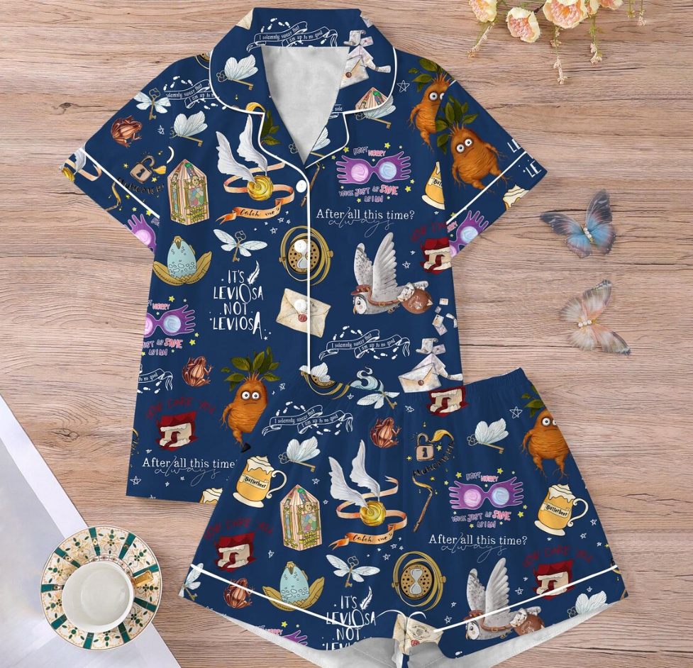Magic Inspired Pajama Set, Leviosa Quotes, Owls, Spells & Wizard Icons, Cozy Women’s Silk PJs, Cute Wizarding Nightwear Gift,HP Silk Pajamas