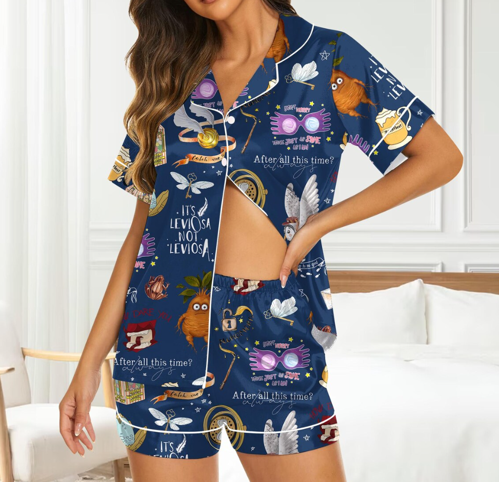 Magic Inspired Pajama Set, Leviosa Quotes, Owls, Spells & Wizard Icons, Cozy Women’s Silk PJs, Cute Wizarding Nightwear Gift,HP Silk Pajamas