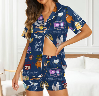 Magic Inspired Pajama Set, Leviosa Quotes, Owls, Spells & Wizard Icons, Cozy Women’s Silk PJs, Cute Wizarding Nightwear Gift,HP Silk Pajamas
