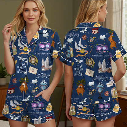 Magic Inspired Pajama Set, Leviosa Quotes, Owls, Spells & Wizard Icons, Cozy Women’s Silk PJs, Cute Wizarding Nightwear Gift,HP Silk Pajamas