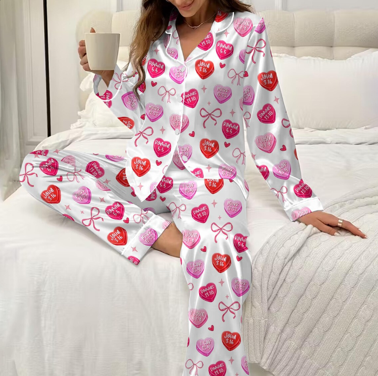 Valentines Day Christian Pajamas, Bible Verse Heart Print, Cute Faith Based Sleepwear for Women