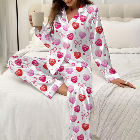 Valentines Day Christian Pajamas, Bible Verse Heart Print, Cute Faith Based Sleepwear for Women