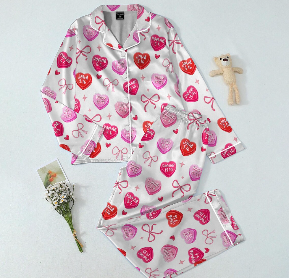 Valentines Day Christian Pajamas, Bible Verse Heart Print, Cute Faith Based Sleepwear for Women