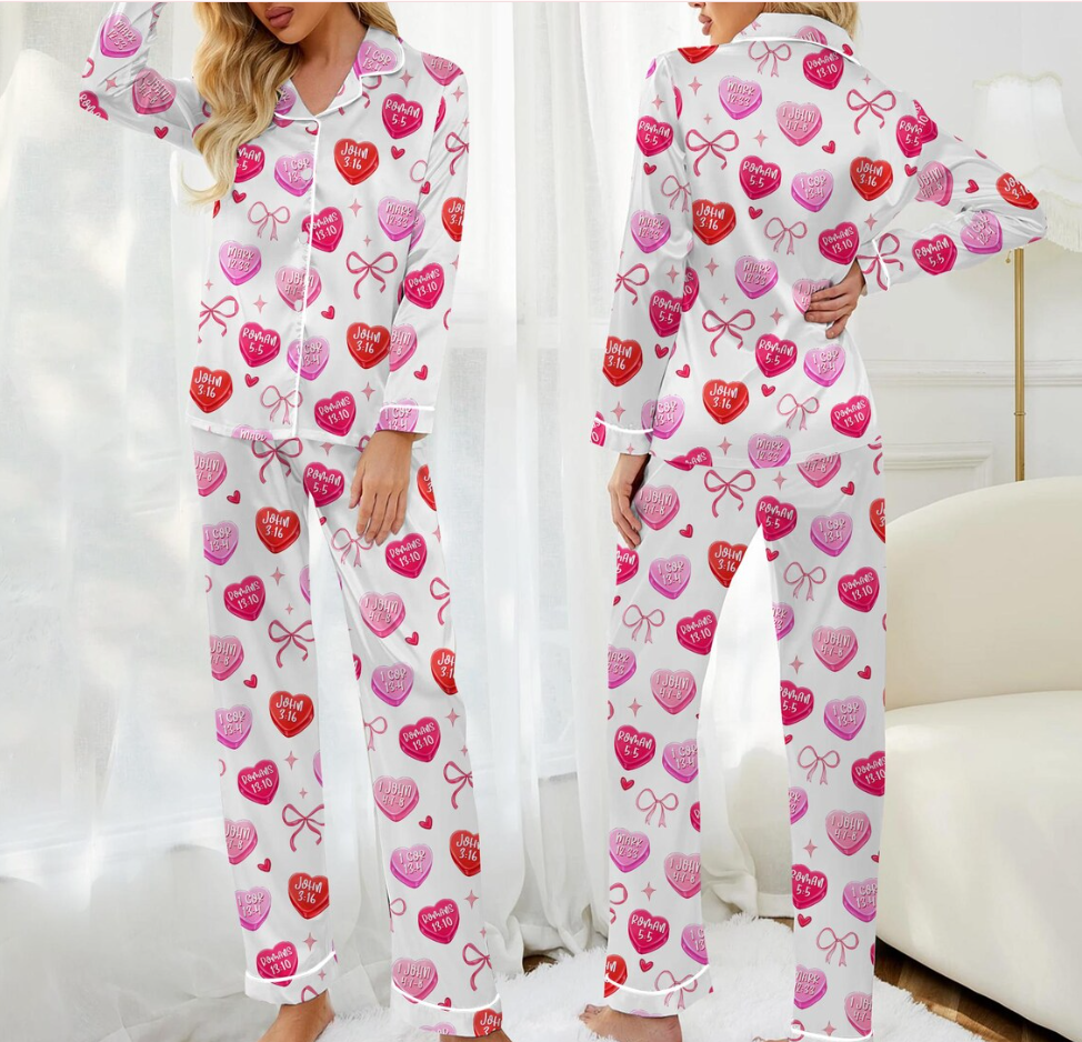 Valentines Day Christian Pajamas, Bible Verse Heart Print, Cute Faith Based Sleepwear for Women
