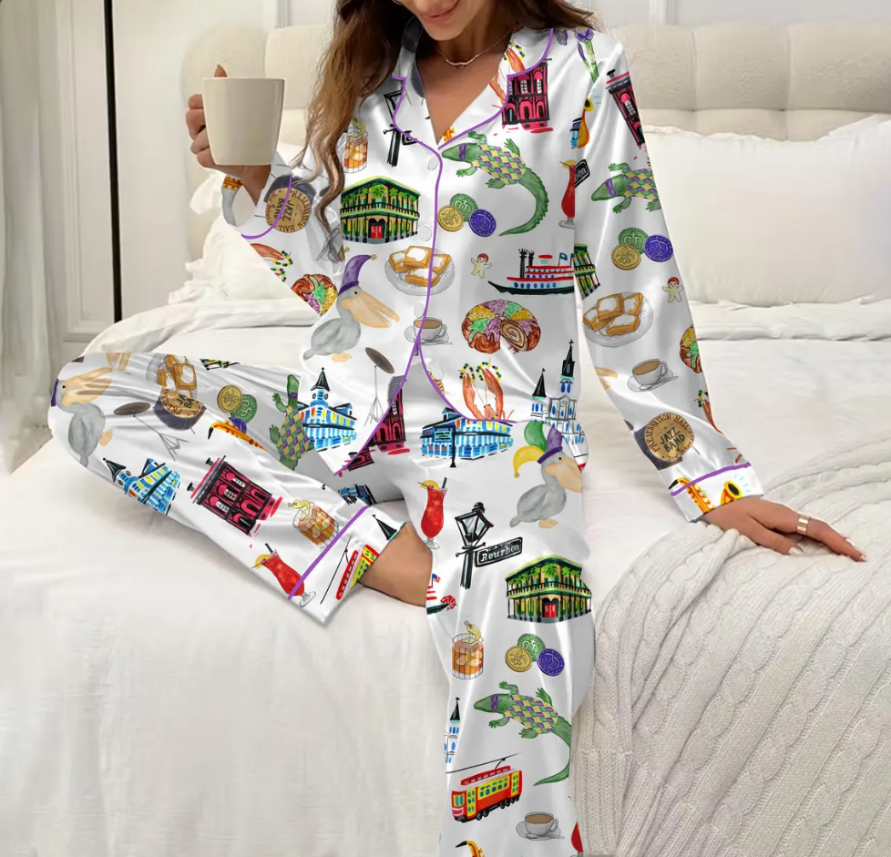 Mardi Gras Satin Pajama Set for Women, Colorful Mask Beads and Jazz Print, Fun New Orleans Party Sleepwear