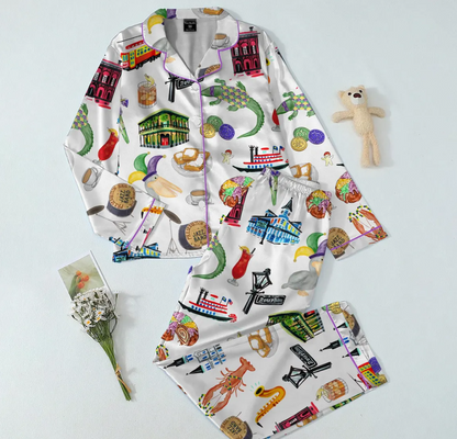 Mardi Gras Satin Pajama Set for Women, Colorful Mask Beads and Jazz Print, Fun New Orleans Party Sleepwear