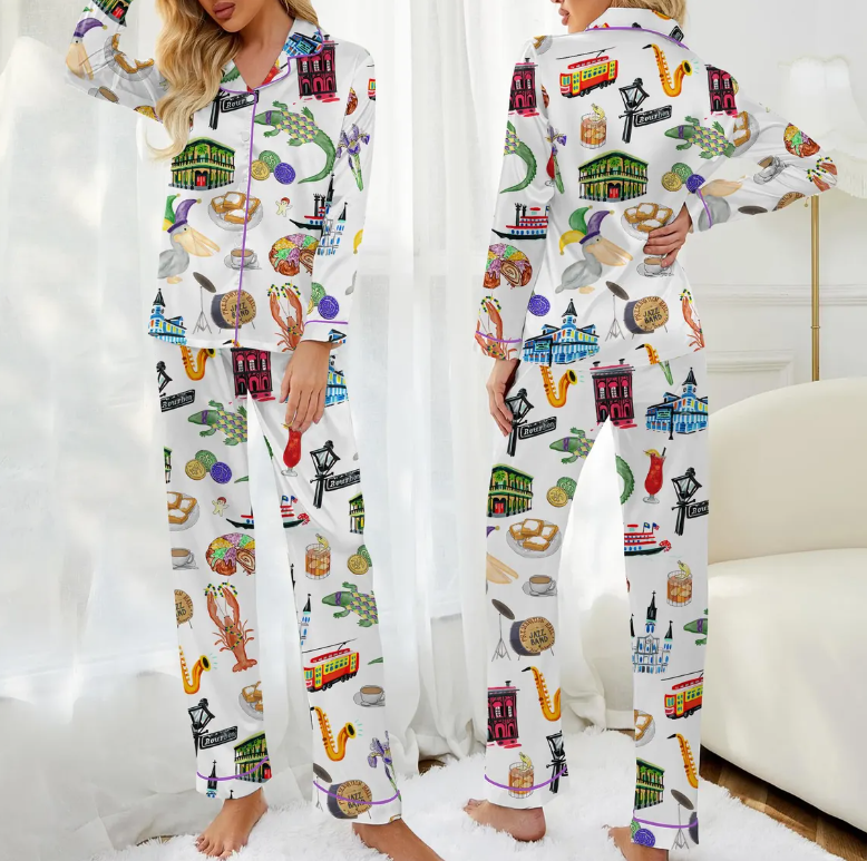 Mardi Gras Satin Pajama Set for Women, Colorful Mask Beads and Jazz Print, Fun New Orleans Party Sleepwear