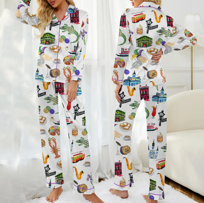Mardi Gras Satin Pajama Set for Women, Colorful Mask Beads and Jazz Print, Fun New Orleans Party Sleepwear