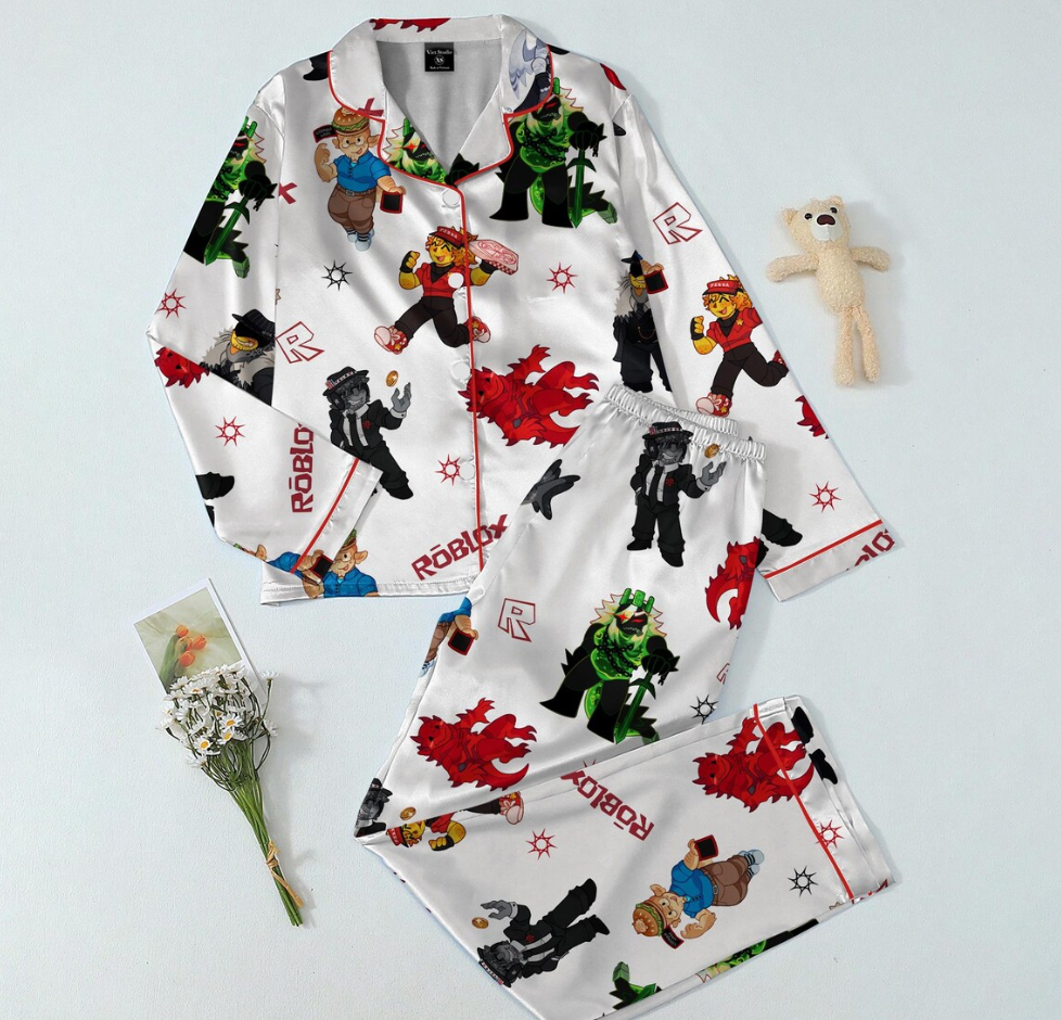 Roblox Satin Pajama Set for Women, Cute Gamer Sleepwear, Button Up Short Sleeve PJs, Matching Game Pajamas Gift