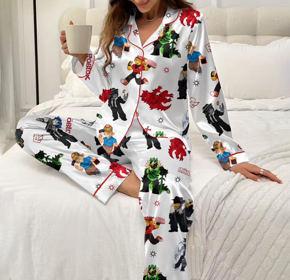 Roblox Satin Pajama Set for Women, Cute Gamer Sleepwear, Button Up Short Sleeve PJs, Matching Game Pajamas Gift
